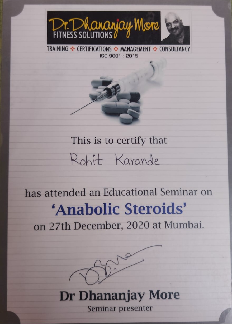 Dr. Dhananjay More Fitness Solutions - Anabolic Steroids Educational Seminar Certificate